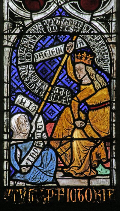 Fenster, das Psychomachia: Geduld und Zorn darstellt von French School